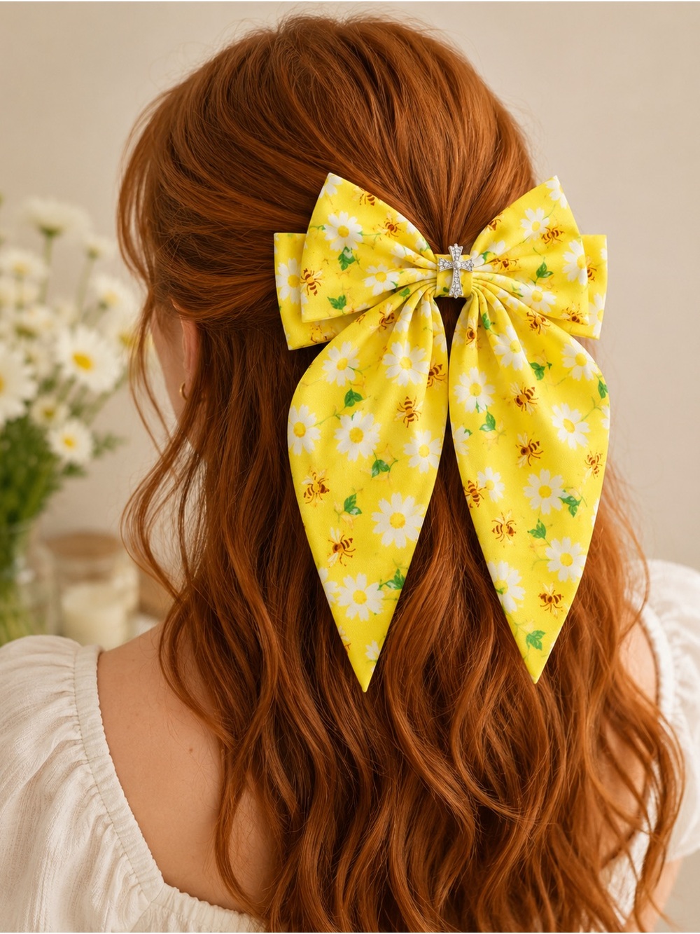 Yellow Daisy Bow Hair Clip with Rhinestone Center - Kids Accessories